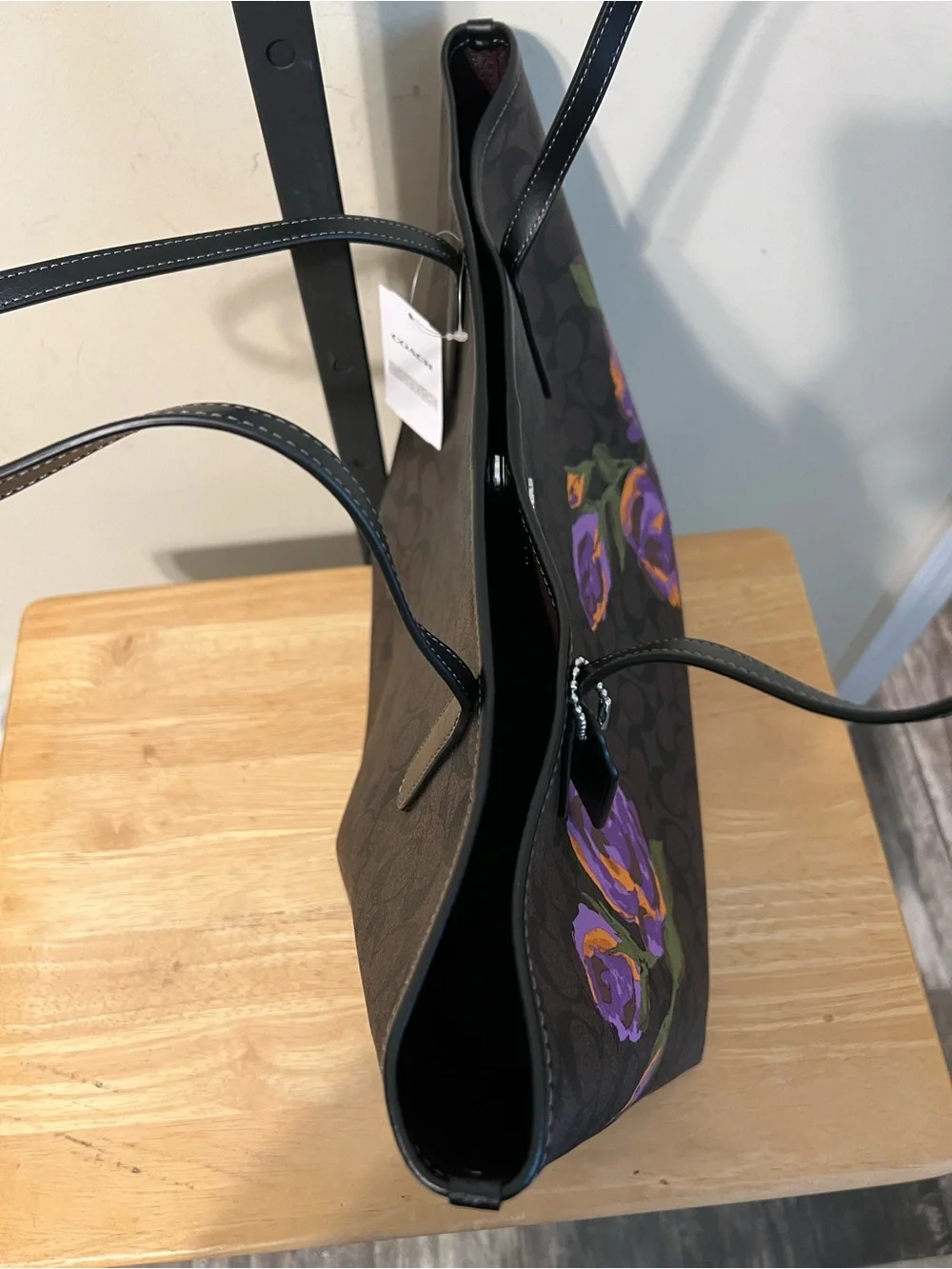 Coach Brown Signature Tote with Purple and Orange Floral Accents